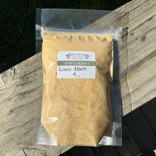Bag of organic Lions Mane mushroom powder on a wooden surface