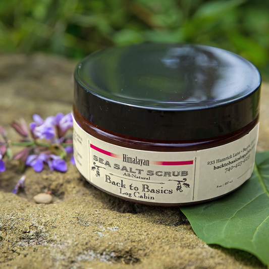 Jar of Himalayan Sea Salt Scrub with a natural background