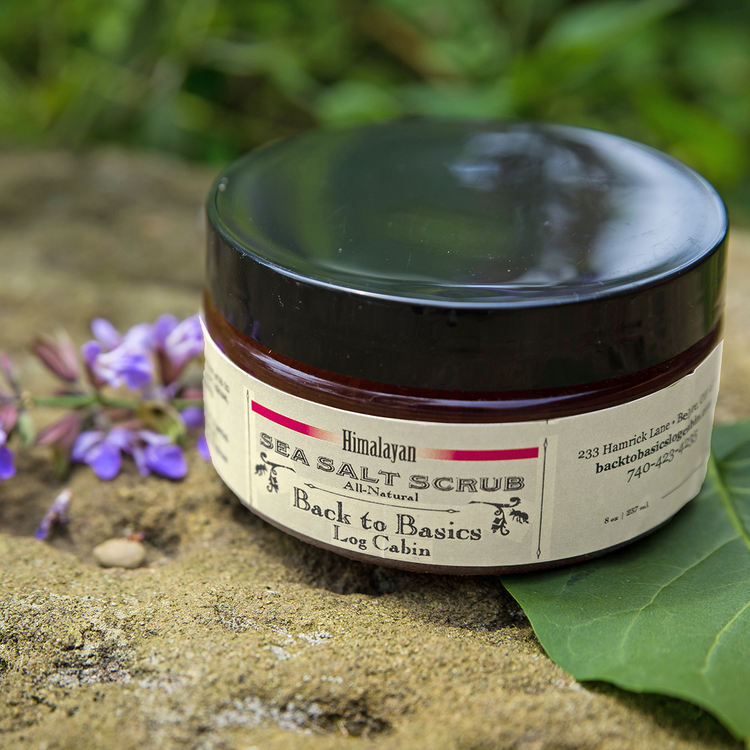 Jar of Himalayan Sea Salt Scrub with a natural background