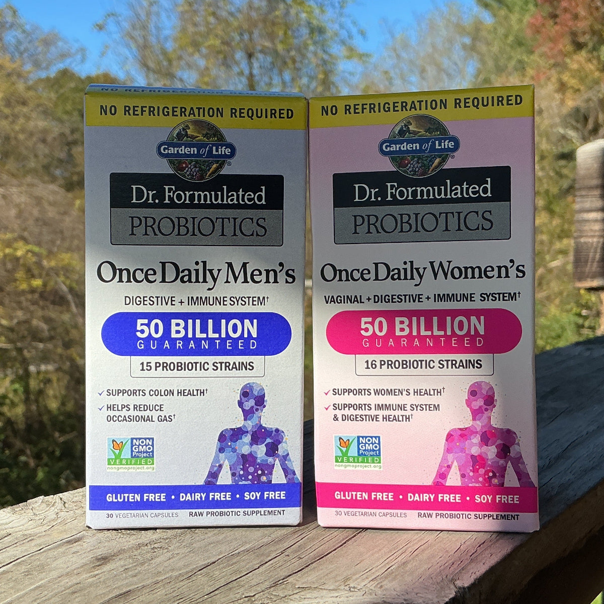 Two boxes of Dr. Formulated Probiotics on a wooden surface with a natural background