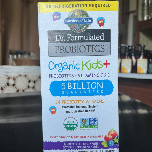 Box of Dr. Formulated Probiotics Organic Kids+ on a dark surface