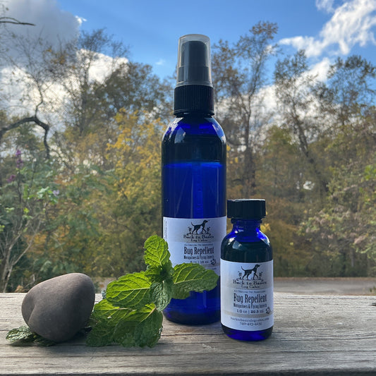 Two blue bottles with labels on a wooden surface outdoors