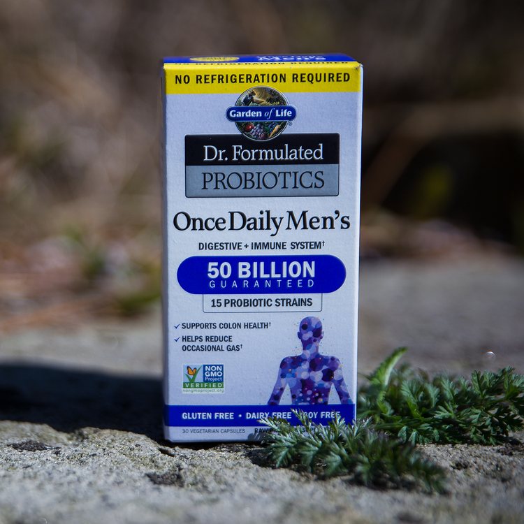 Box of Dr. Formulated Probiotics Once Daily Men's on a natural background