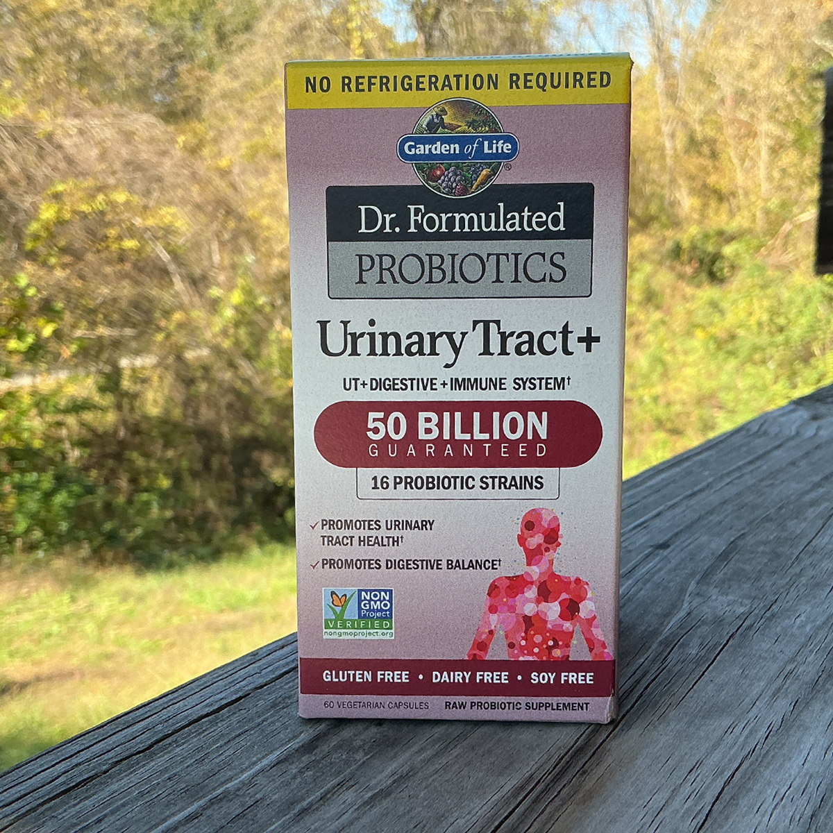 Box of Dr. Formulated Probiotics Urinary Tract+ on a wooden surface with a blurred natural background
