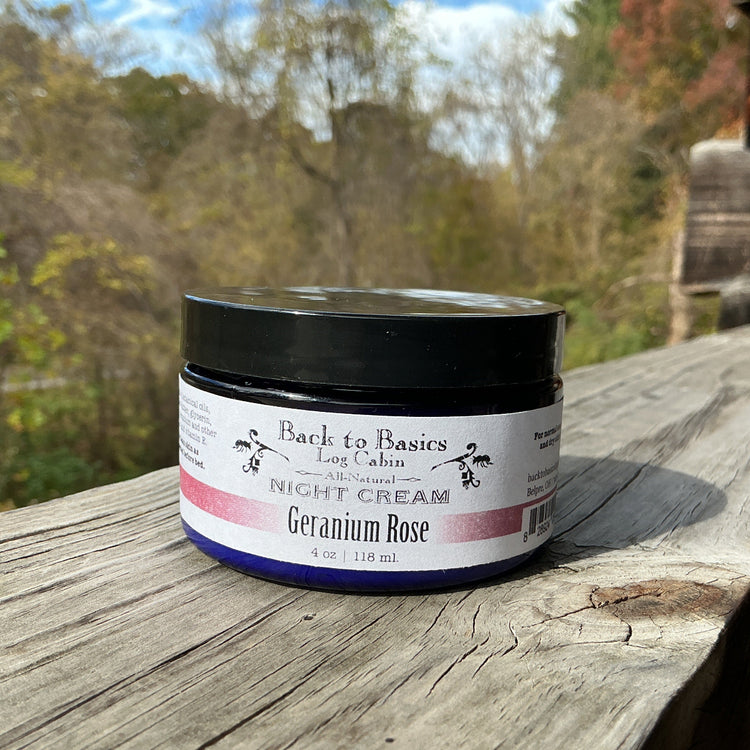 Jar of 'Back to Basics' night cream on a wooden surface with a natural background
