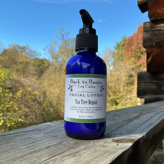 Blue bottle of facial lotion labeled 'Back to Basics' on a wooden surface with a natural background